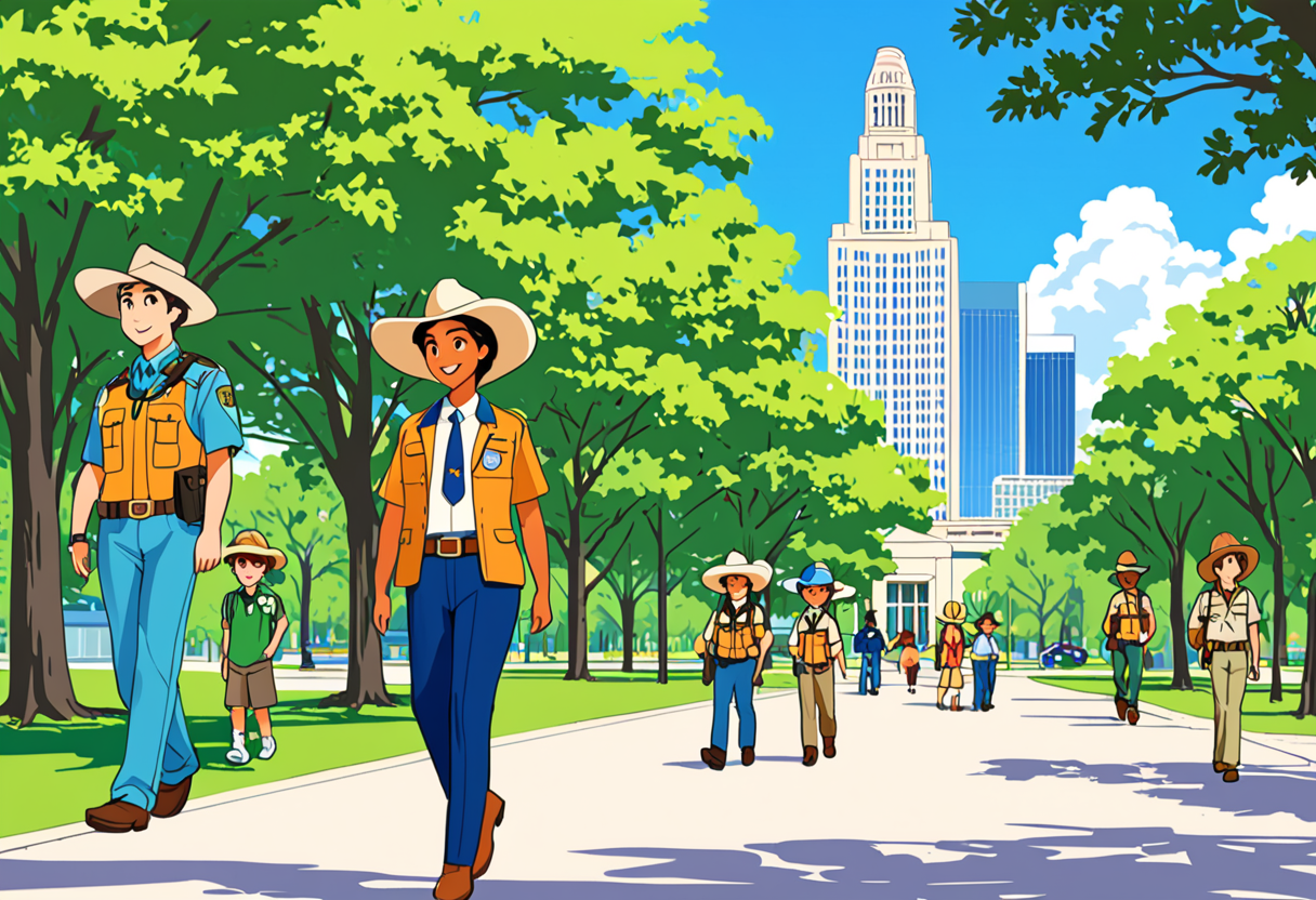 Houston skyline with the whole character roster lined up like a class photo