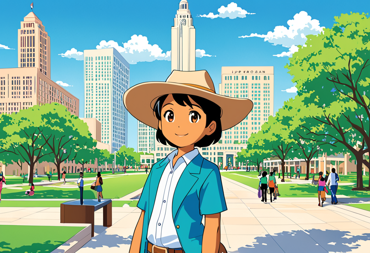 Cartoon city hall with friendly staff characters at department desks