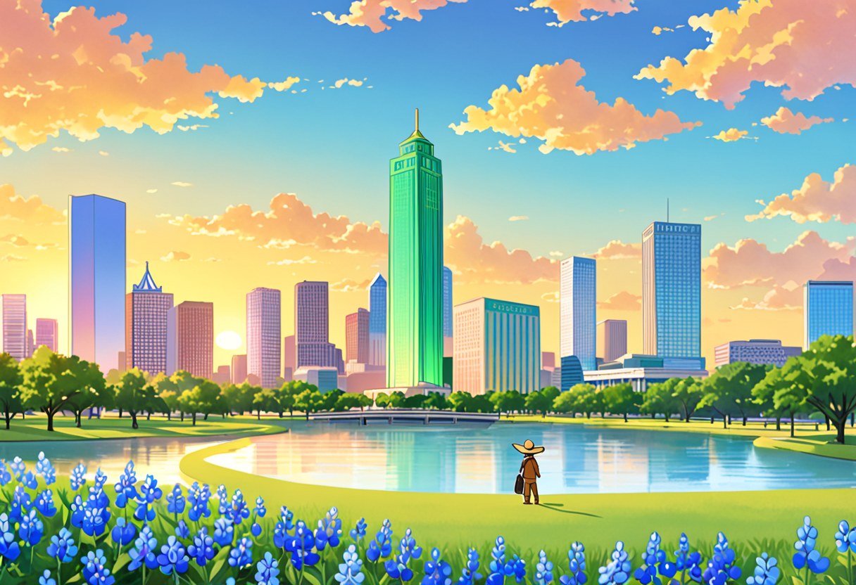 Friendly cartoon Data Detective waving in front of a Houston sunrise skyline