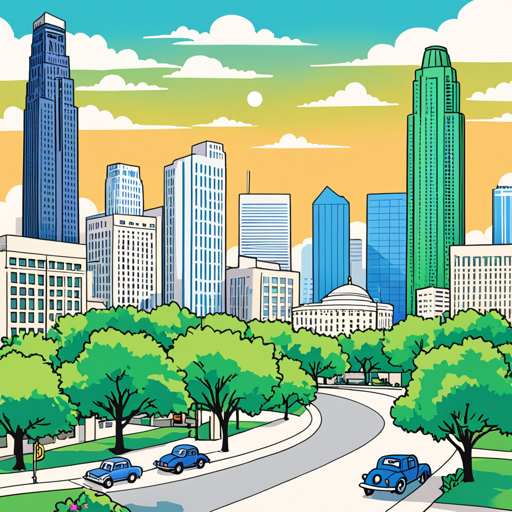 Cartoon car bouncing playfully over a pothole on a Houston street with Infrastructure Builder waving
